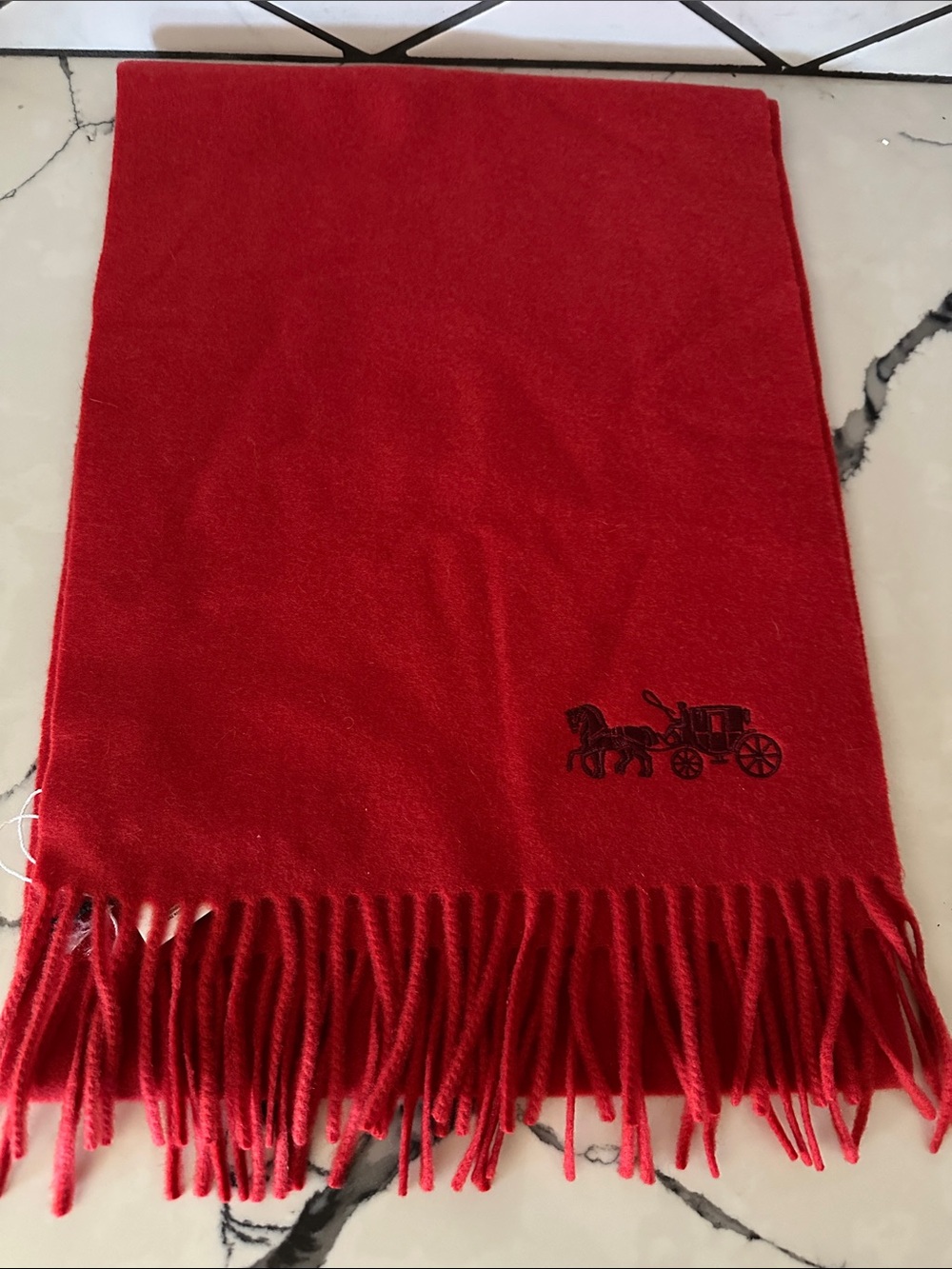 Coach Red Fringed Wool Scarf with Horse & Carriage Logo